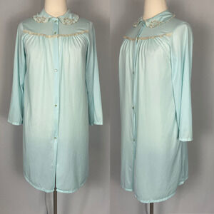Vintage Nightgown Womens Size Large Teal Blue Midi Long Sleeve Button Lace 80s